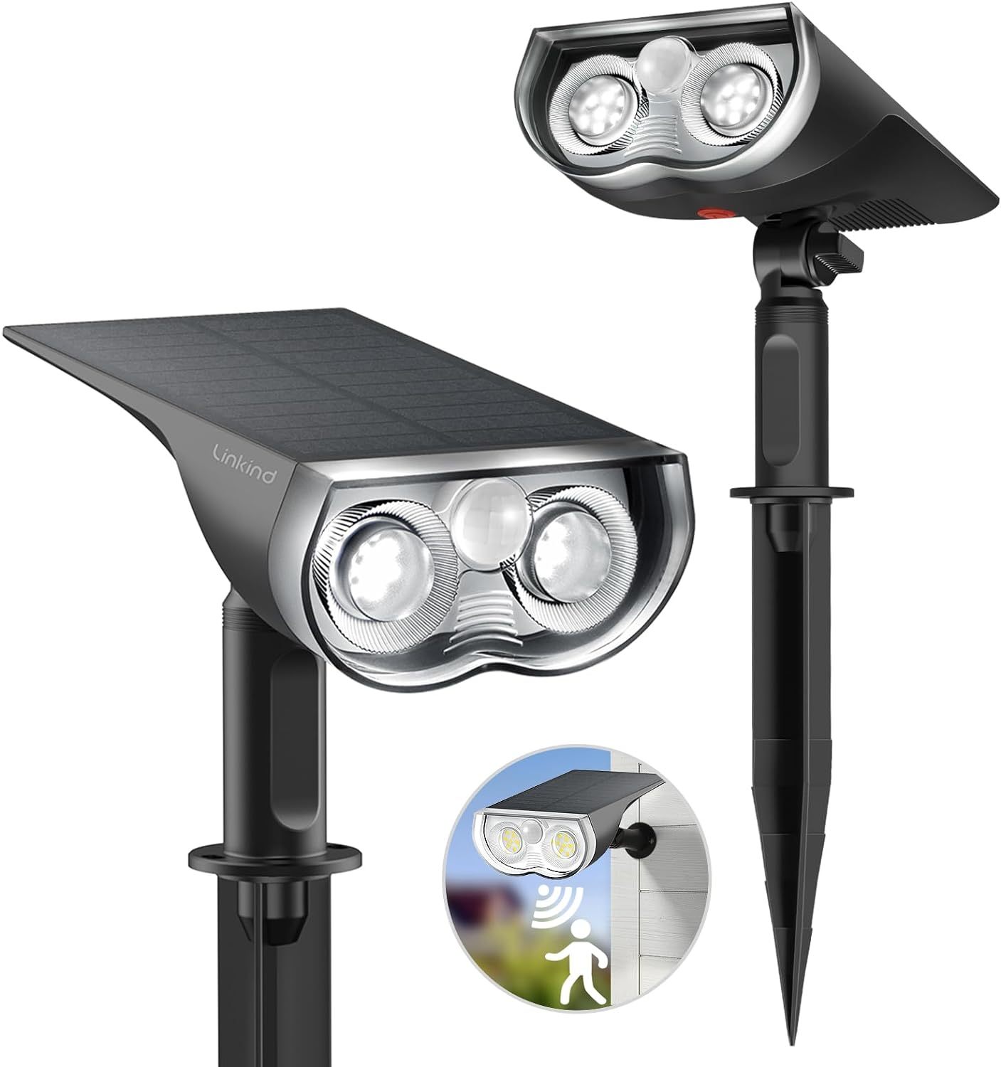 Solar Outdoor Lights, Motion Sensor Solar Spot Lights Outdoor, 3 Modes IP67 Waterproof 2 PACK