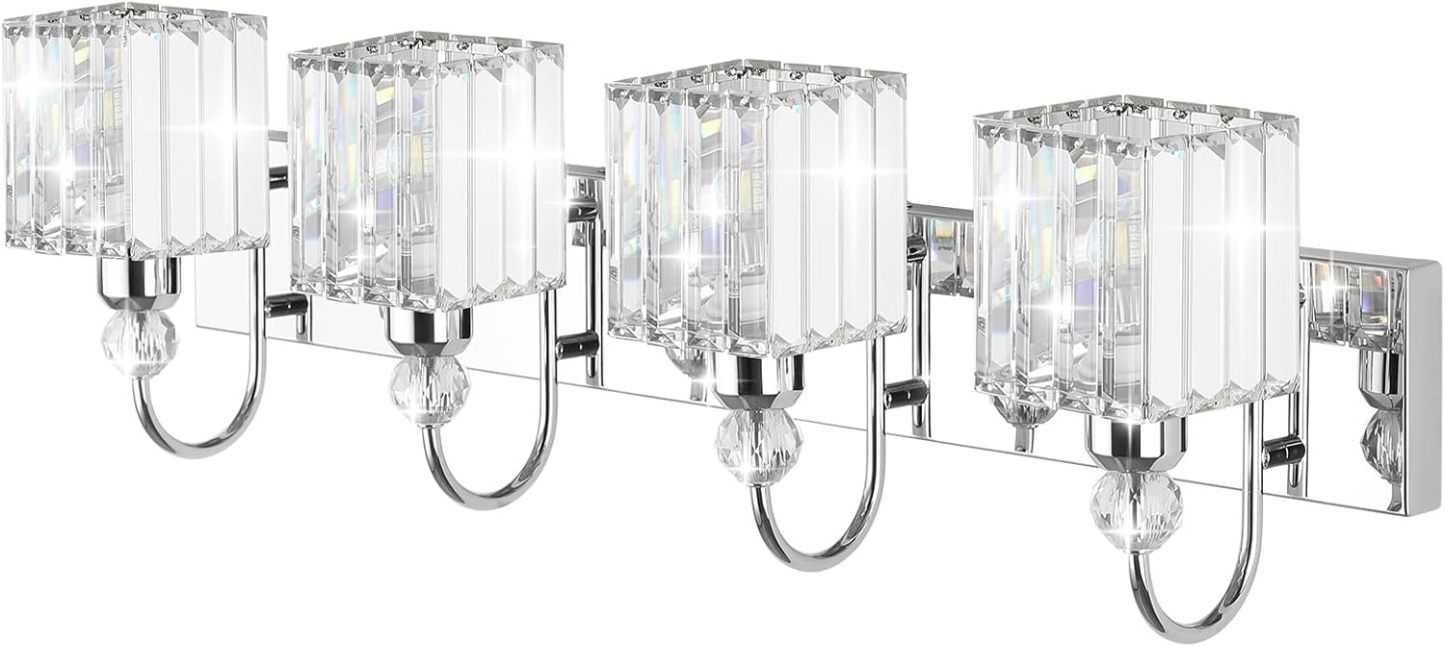 Chrome Crystal Vanity Light for Bathroom 4-Lights 31.5'' Modern Bathroom Wall Lighting Modern Chrome Bathroom Vanity Lighting Over Mirror