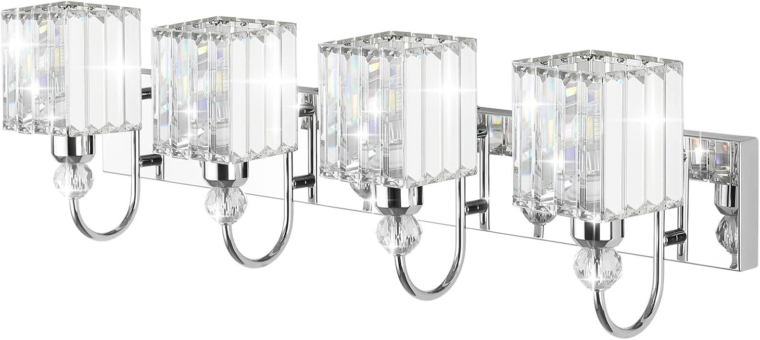 Chrome Crystal Vanity Light for Bathroom 4-Lights 31.5'' Modern Bathroom Wall Lighting Modern Chrome Bathroom Vanity Lighting Over Mirror