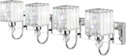 Chrome Crystal Vanity Light for Bathroom 4-Lights 31.5'' Modern Bathroom Wall Lighting Modern Chrome Bathroom Vanity Lighting Over Mirror