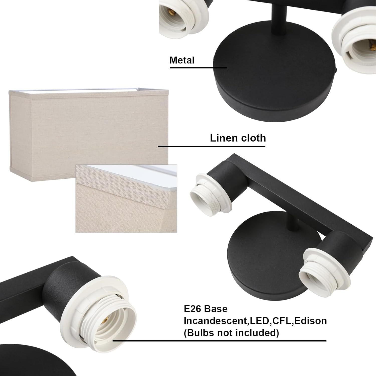 Linen Boho Wall Sconce Stairwell Fixture Light, 2-Light Indoor Hardwired Vanity Dual Vintage Industrial Bedside Sconce Wall Mount Lighting Square Fabric Shade