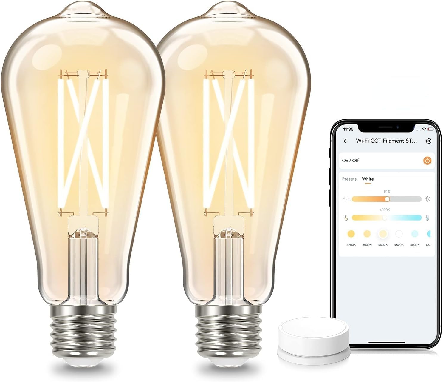 Smart Edison Bulbs, 2700K-6500K Tunable WiFi Edison Bulbs with Remote Control 2-Pack