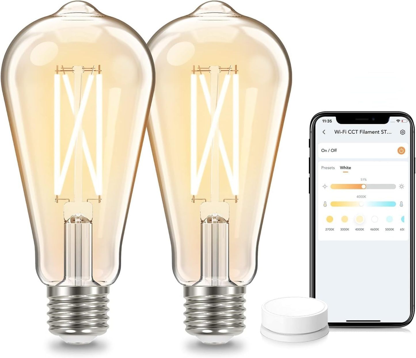 Smart Edison Bulbs, 2700K-6500K Tunable WiFi Edison Bulbs with Remote Control 2-Pack