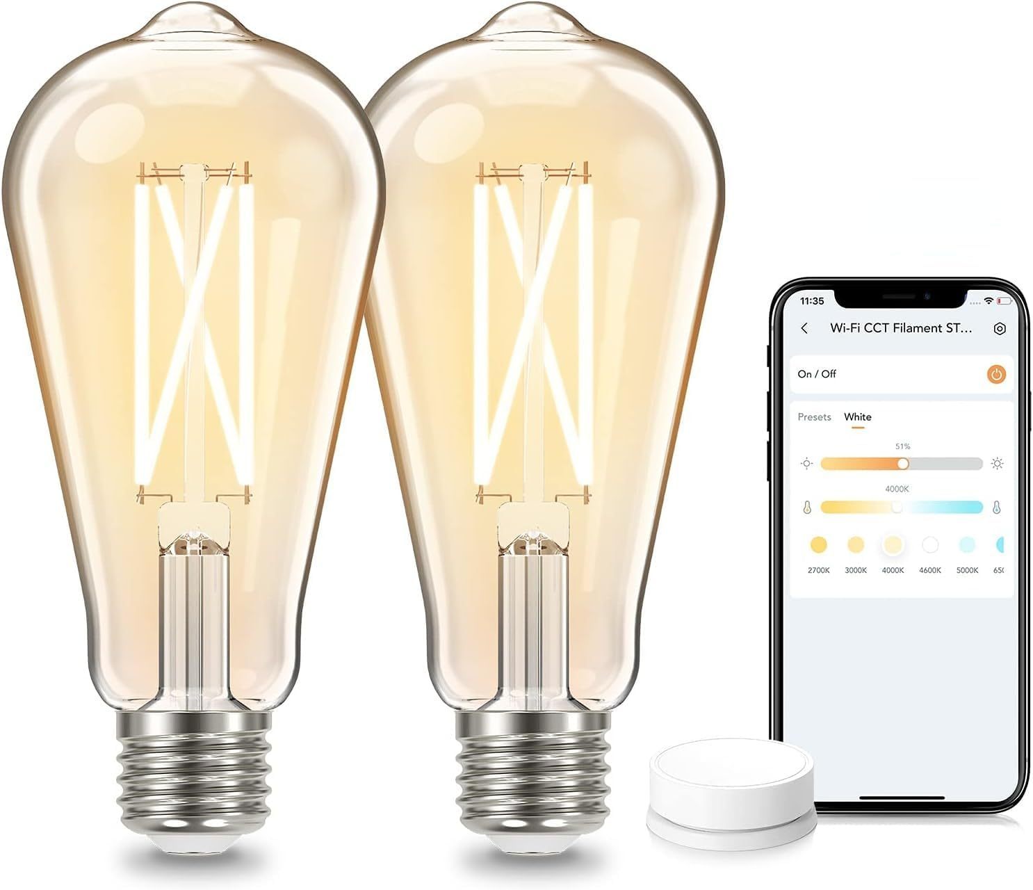 Smart Edison Bulbs, 2700K-6500K Tunable WiFi Edison Bulbs with Remote Control 2-Pack
