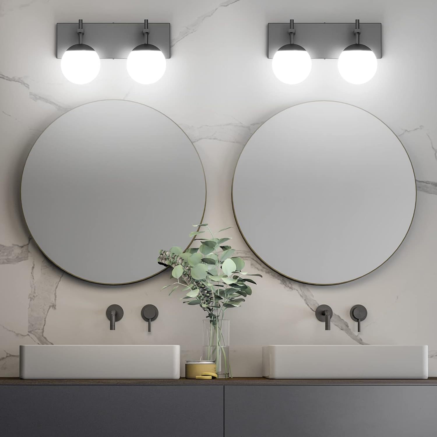 Matte Black Bathroom Wall Light Fitures 2-Light Mid Century Modern Bathroom Lighting Black Milky Glass Globe Vanity Light for Bathroom