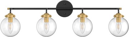 Rustic Industrial Wall Light Fixture 4-Light Clear Glass Vintage Bathroom Vanity Lights Over Mirror, Black/Golden Modern Vanity Light for Bathroom (Exclude Bulb)