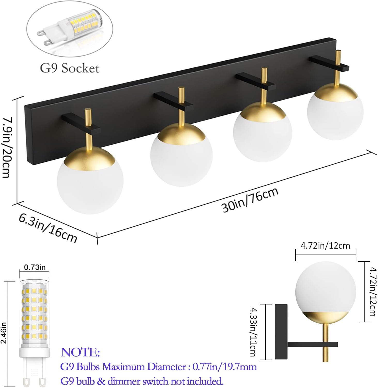 Mid Century Modern Vanity Lights for Bathroom 4-Light Milky Glass Globe Modern Bathroom Vanity Lights Over Mirror, Black/Golden Bathroom Wall Light Fixture (Exclude Bulb)