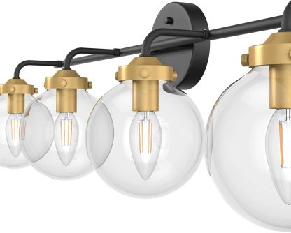 Rustic Industrial Wall Light Fixture 4-Light Clear Glass Vintage Bathroom Vanity Lights Over Mirror, Black/Golden Modern Vanity Light for Bathroom (Exclude Bulb)