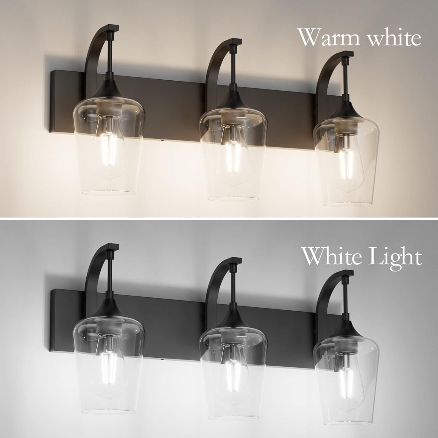 Matte Black Vanity Light Fixtures 3-Lights Industrial Black Bathroom Vanity Light with Clear Glass Vintage Edison Bathroom Wall Lighting Fixtures