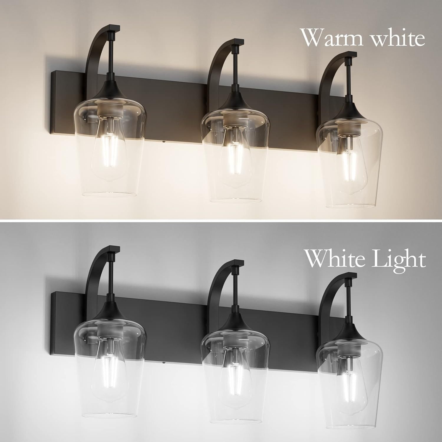 Matte Black Vanity Light Fixtures 3-Lights Industrial Black Bathroom Vanity Light with Clear Glass Vintage Edison Bathroom Wall Lighting Fixtures