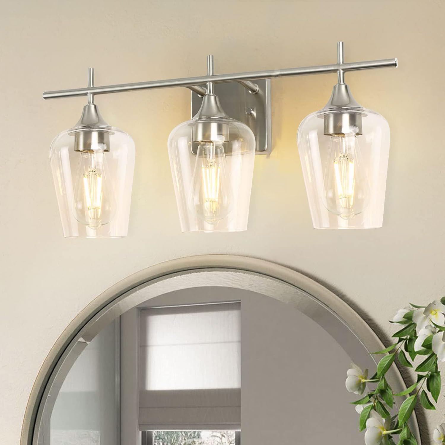 3-Light Bathroom Light Fixtures, Brushed Nickel Vanity Lighting, Metal Bath Wall Mounted Lights, Modern Wall Sconces Light with Glass Shades