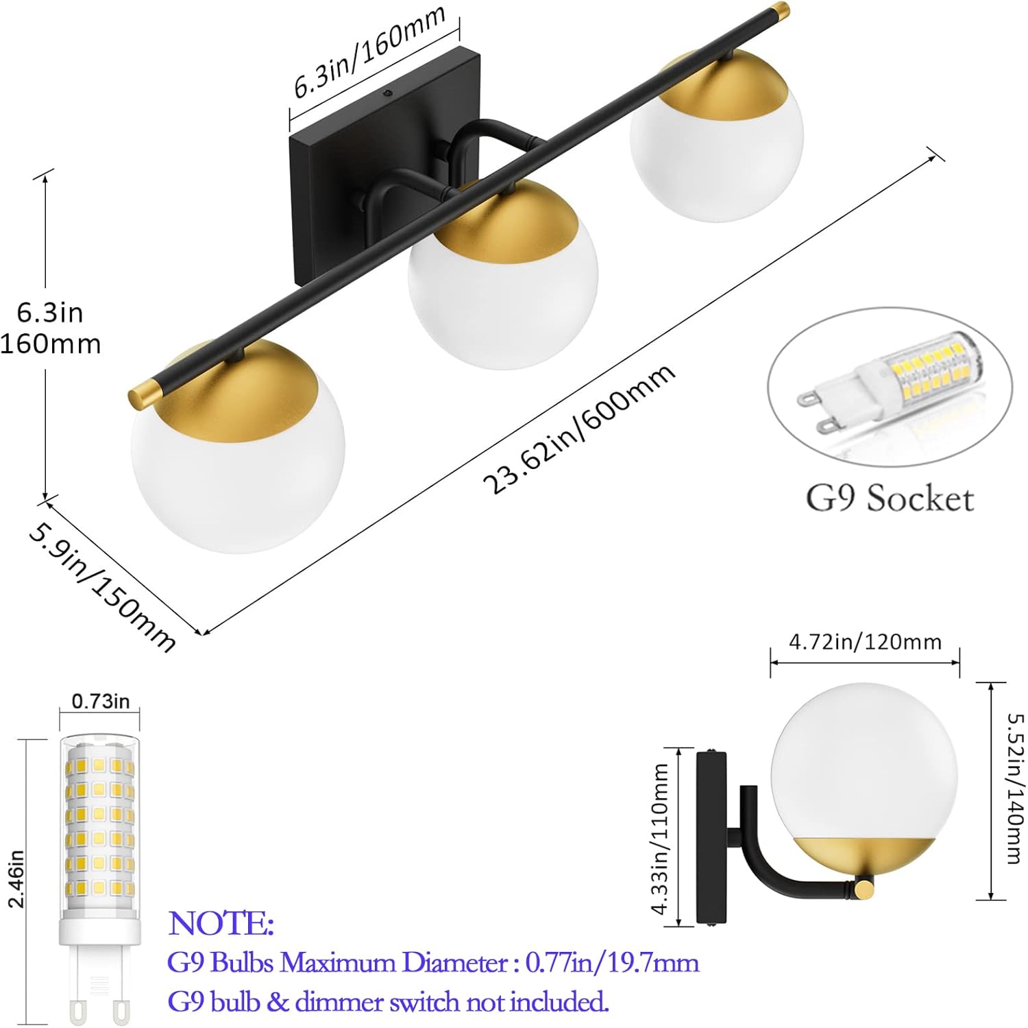 Black and Gold Bathroom Lights 3-Light Mid Century Modern Bathroom Vanity Lights Milky Glass Black and Gold Vanity Lights for Bathroom
