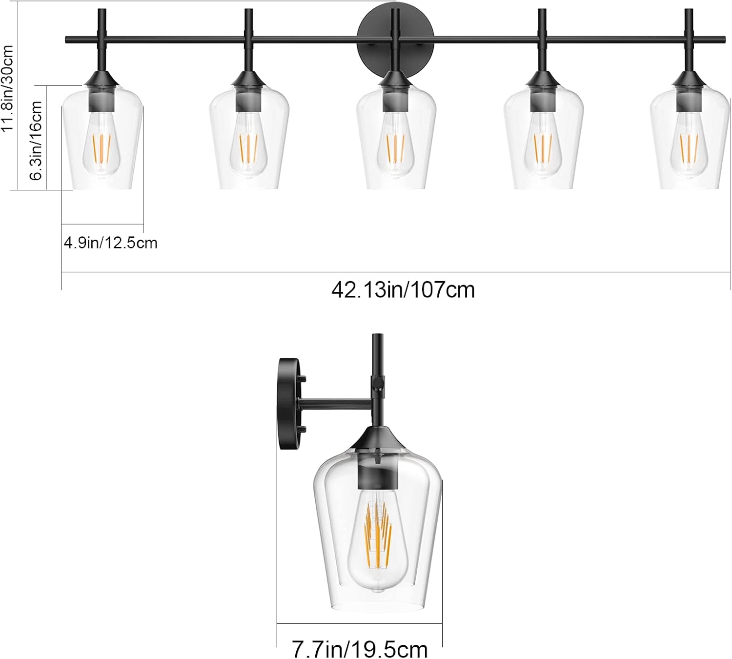 Vintage Black Bathroom Vanity Light 5-Lights Industrial Matte Black Finish with Clear Glass Vanity Lights Farmhouse Bathroom Lighting fixtures