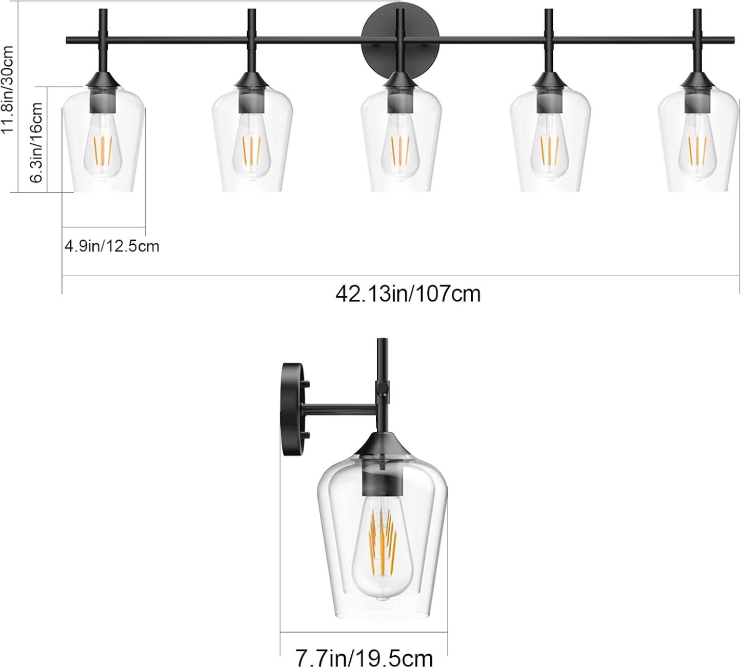 Vintage Black Bathroom Vanity Light 5-Lights Industrial Matte Black Finish with Clear Glass Vanity Lights Farmhouse Bathroom Lighting fixtures