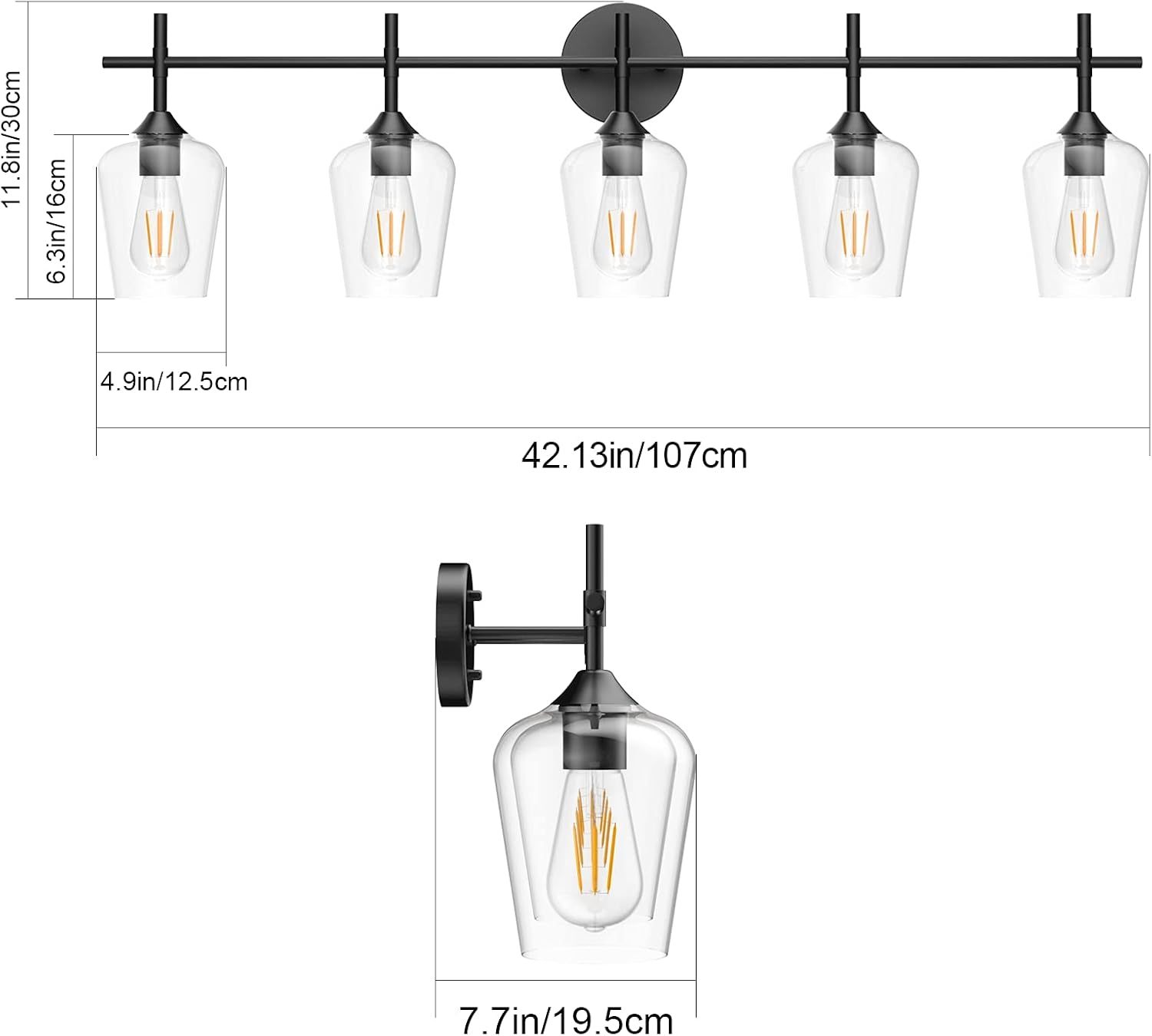 Vintage Black Bathroom Vanity Light 5-Lights Industrial Matte Black Finish with Clear Glass Vanity Lights Farmhouse Bathroom Lighting fixtures