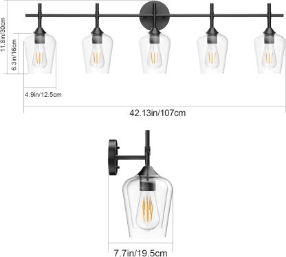 Vintage Black Bathroom Vanity Light 5-Lights Industrial Matte Black Finish with Clear Glass Vanity Lights Farmhouse Bathroom Lighting fixtures