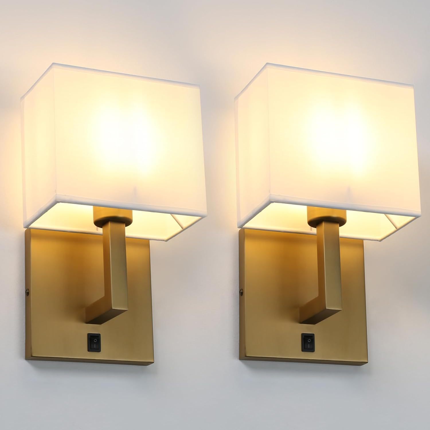 Set of 2 Indoor Vanity Wall Sconce with On Off Switch, Brass Modern Boho Vintage Industrial Light with Square Fabric Shade
