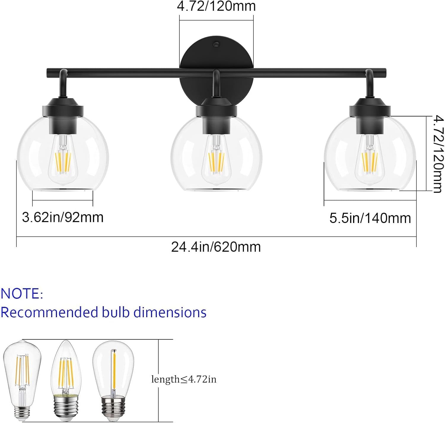 Matte Black Vanity Lights 3-Light, Clear Glass Vintage Bathroom Vanity Lights Metal Black Bathroom Vanity Light Fixture