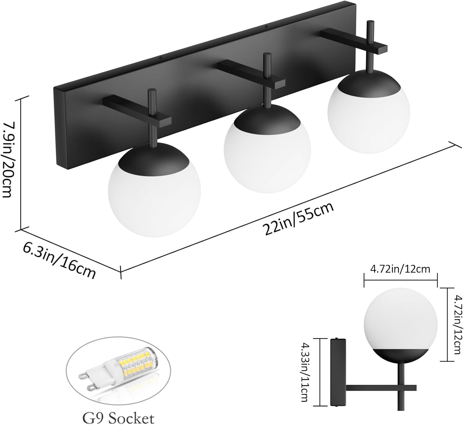 Matte Black Bathroom Vanity Light 3-Light Mid Century Modern Black Bathroom Lights Fixtures Milky Glass Globe Matte Black Bathroom Wall Light Fixture (Exclude Bulb)