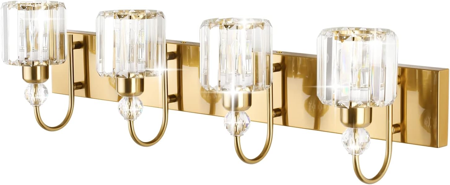 Brass Gold Vanity Lights for Bathroom 4-Lights Brass Gold Crystal Bathroom Vanity Lights Over Mirror Modern Crystal Bathroom Wall Lighting Fixtures