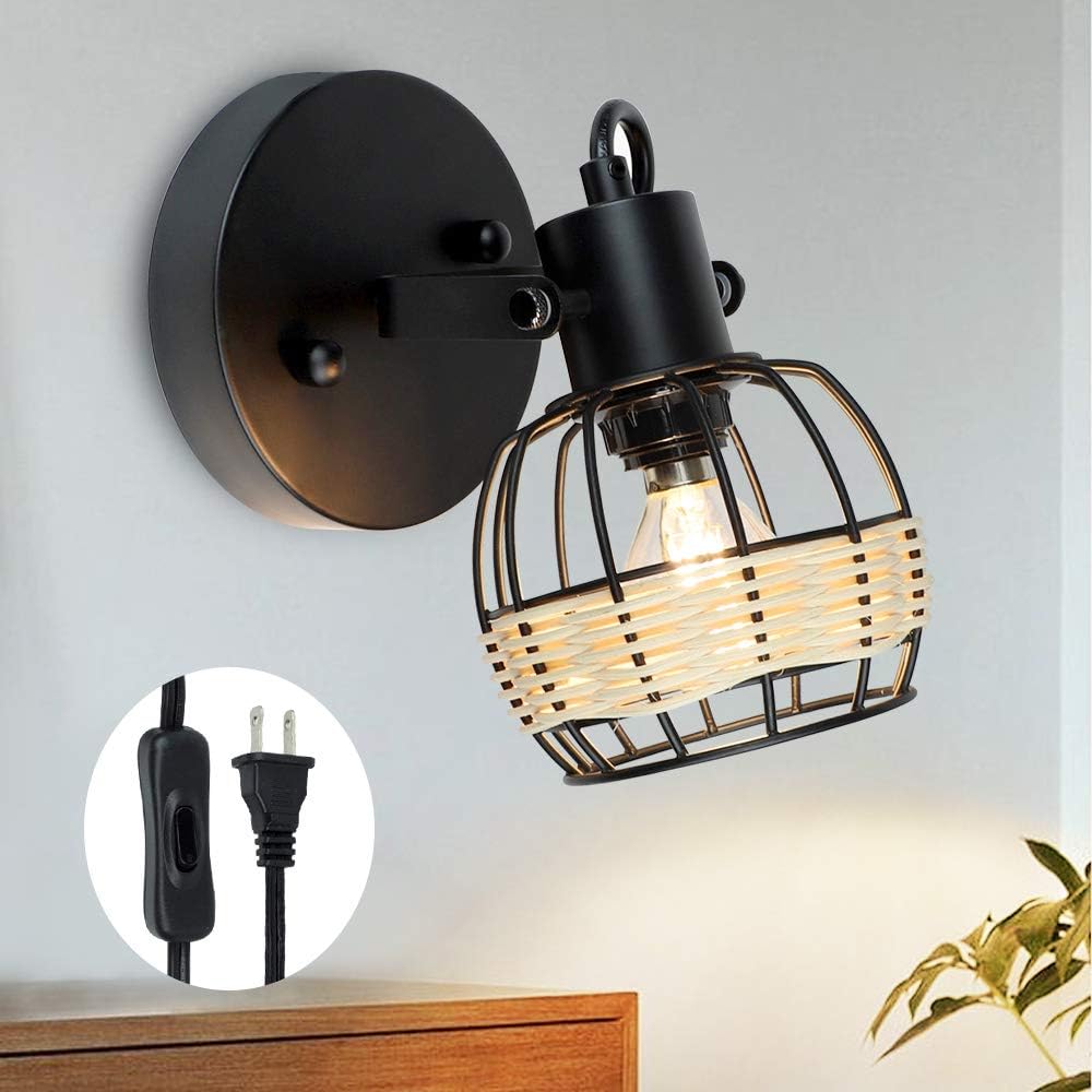 Rustic Cage Wall Spotlight Fixture, Adjustable Heads Wall Sconce, Wall Lamp with Plug in Cord and On/Off Switch E12 Base for Bedroom Bathroom Kitchen Stair Lighting