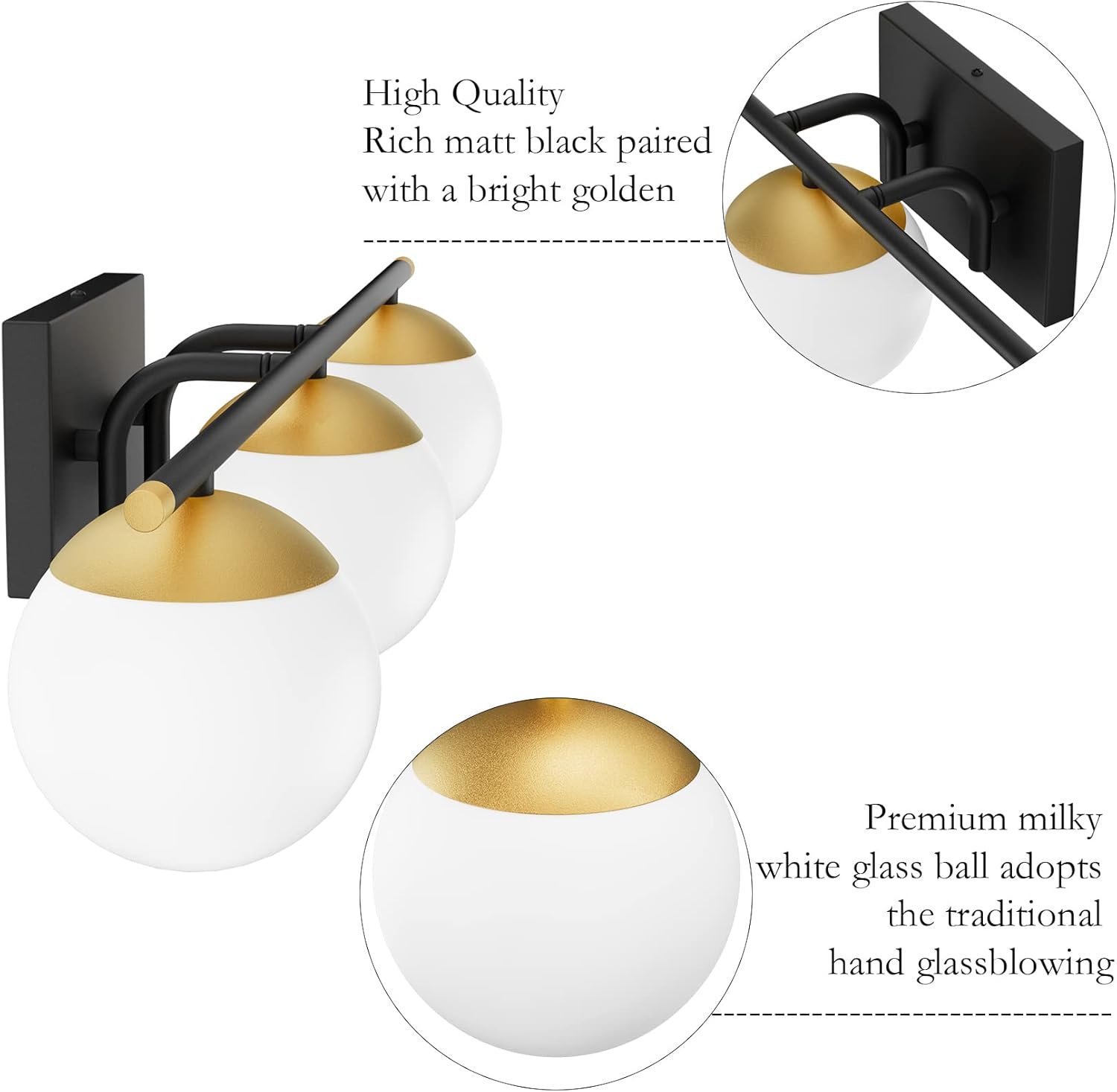 Black and Gold Bathroom Lights 3-Light Mid Century Modern Bathroom Vanity Lights Milky Glass Black and Gold Vanity Lights for Bathroom