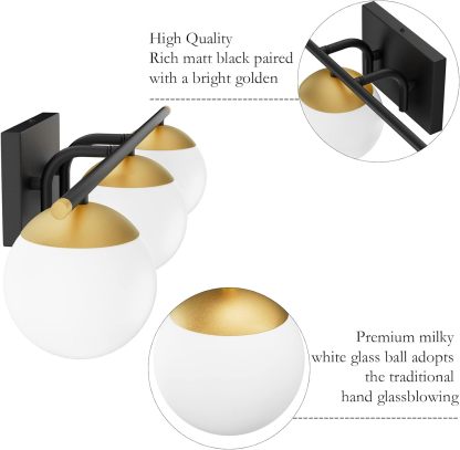 Black and Gold Bathroom Lights 3-Light Mid Century Modern Bathroom Vanity Lights Milky Glass Black and Gold Vanity Lights for Bathroom