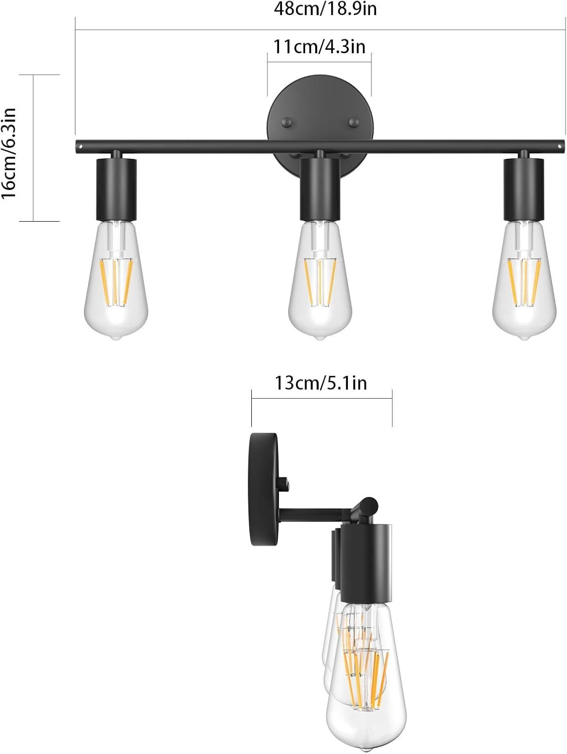 Black Wall Sconce 3 Light Industrial Matte Black Vanity Light Fixtures, Vintage Edison Wall Lamp Lighting Fixture for Bathroom