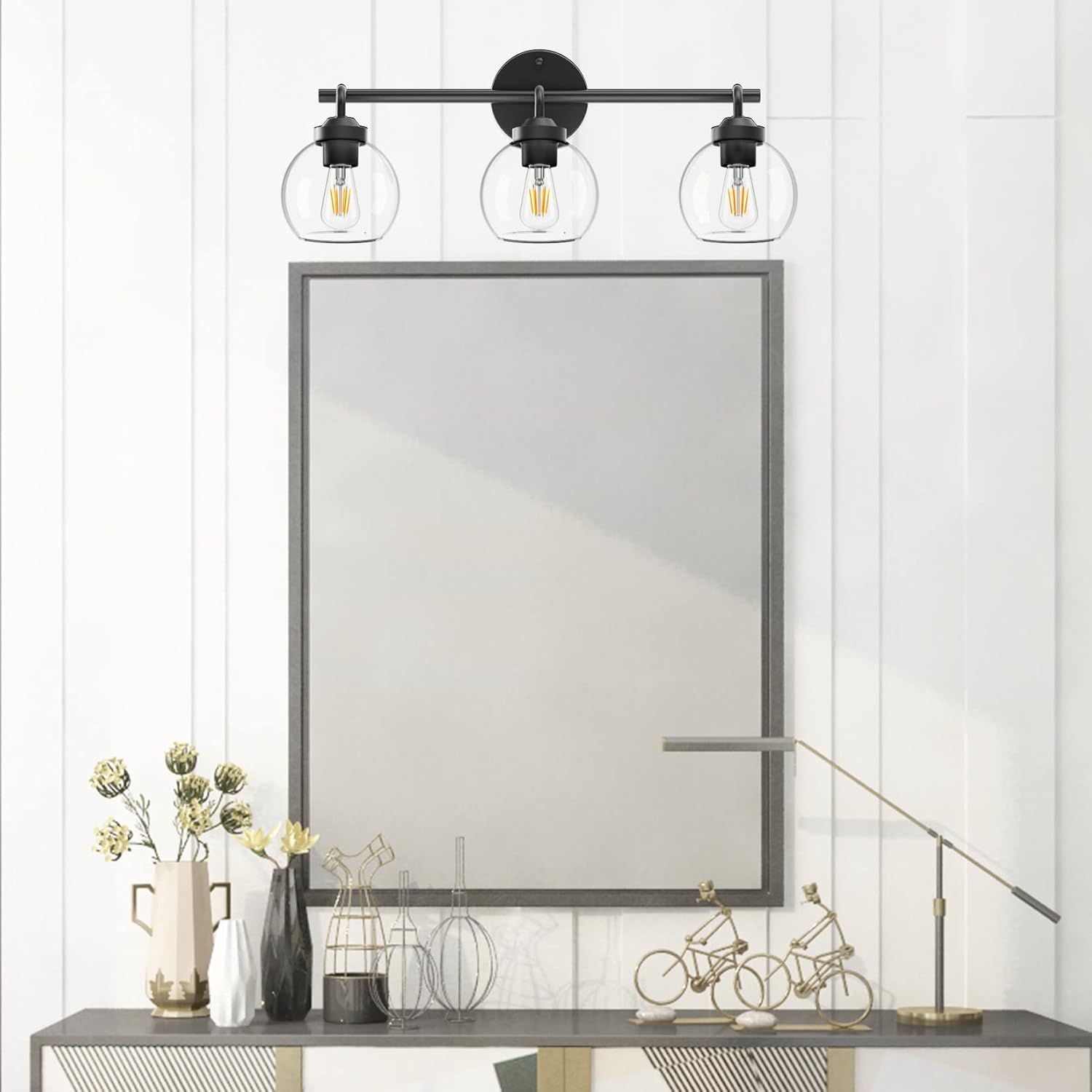 Matte Black Vanity Lights 3-Light, Clear Glass Vintage Bathroom Vanity Lights Metal Black Bathroom Vanity Light Fixture
