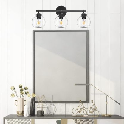 Matte Black Vanity Lights 3-Light, Clear Glass Vintage Bathroom Vanity Lights Metal Black Bathroom Vanity Light Fixture