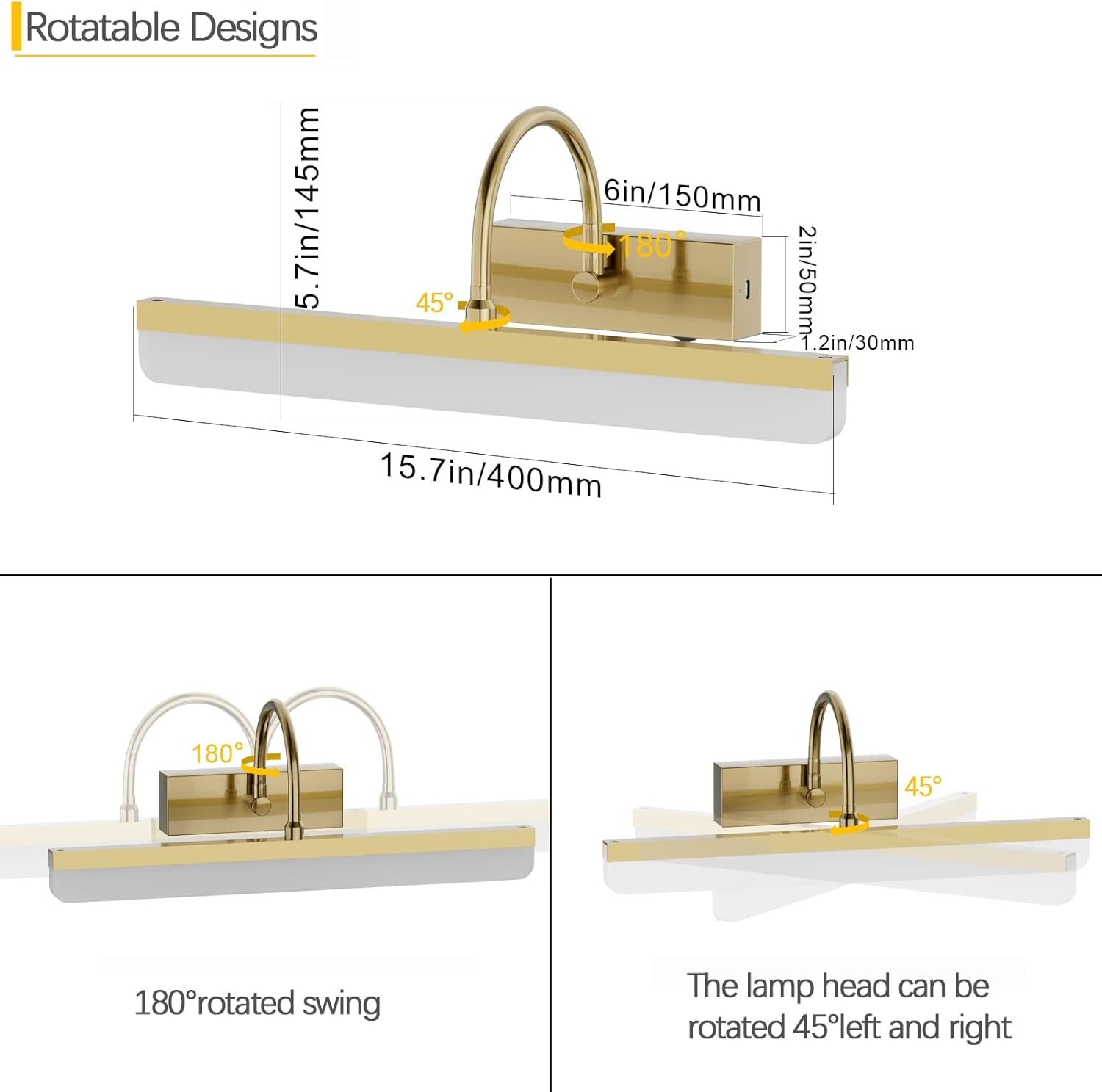 Battery Operated Picture Light Gold Modern LED Dimmable Picture Light with Remote Control Painting Light, 3 Lighting Modes, Rechargeable Battery Pictures Light with Timer