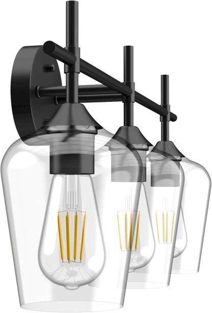 Industrial Bathroom Vanity Light Fixtures 3-Lights Matte Black with Clear Glass Vintage Edison Wall Lamp Light Fixture for Bathroom