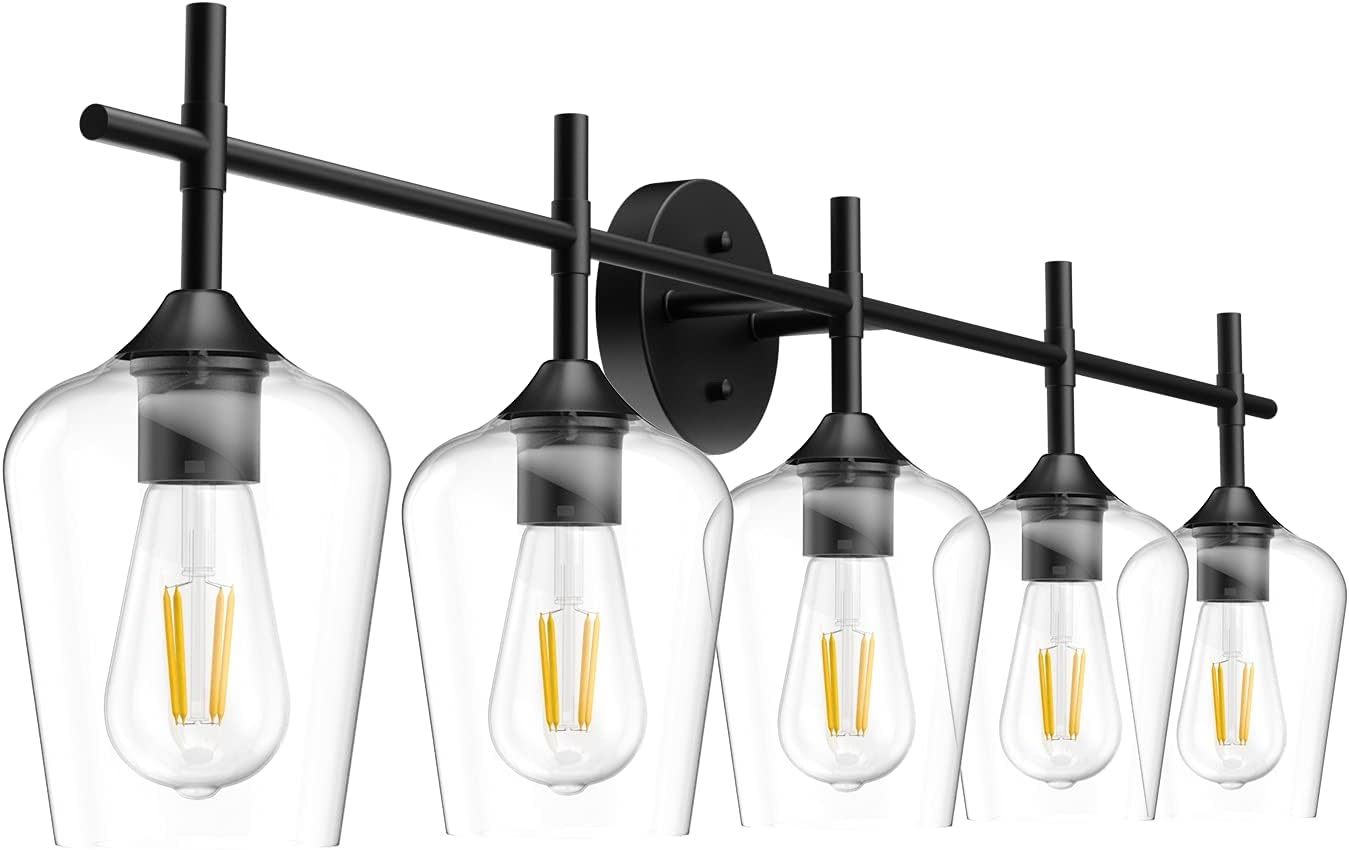 Vintage Black Bathroom Vanity Light 5-Lights Industrial Matte Black Finish with Clear Glass Vanity Lights Farmhouse Bathroom Lighting fixtures