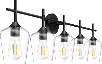 Vintage Black Bathroom Vanity Light 5-Lights Industrial Matte Black Finish with Clear Glass Vanity Lights Farmhouse Bathroom Lighting fixtures