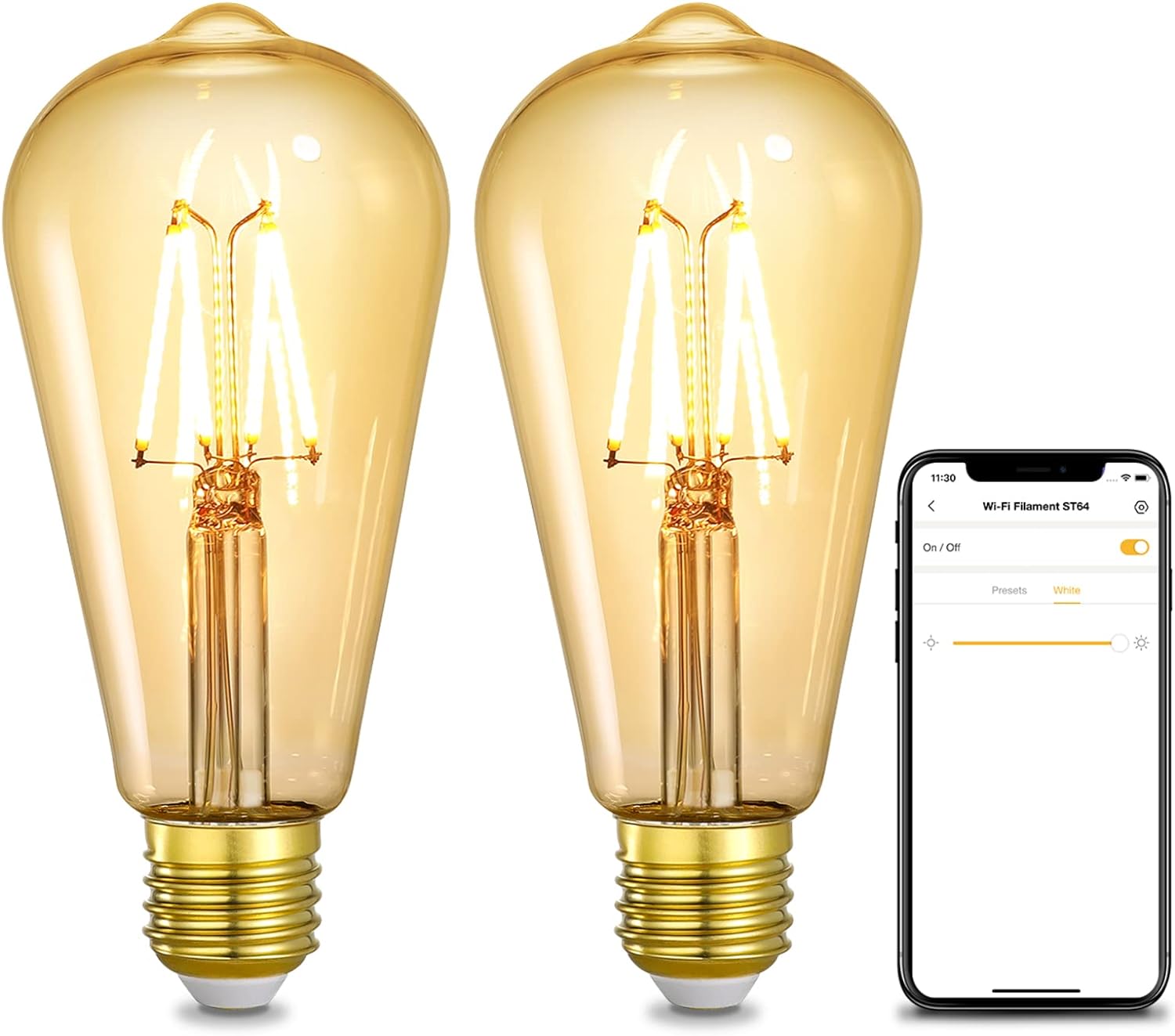 Smart Edison Bulbs, WiFi LED E26 Edison Bulbs, Dimmable ST64 Vintage Filament Light Bulb 2 Pack