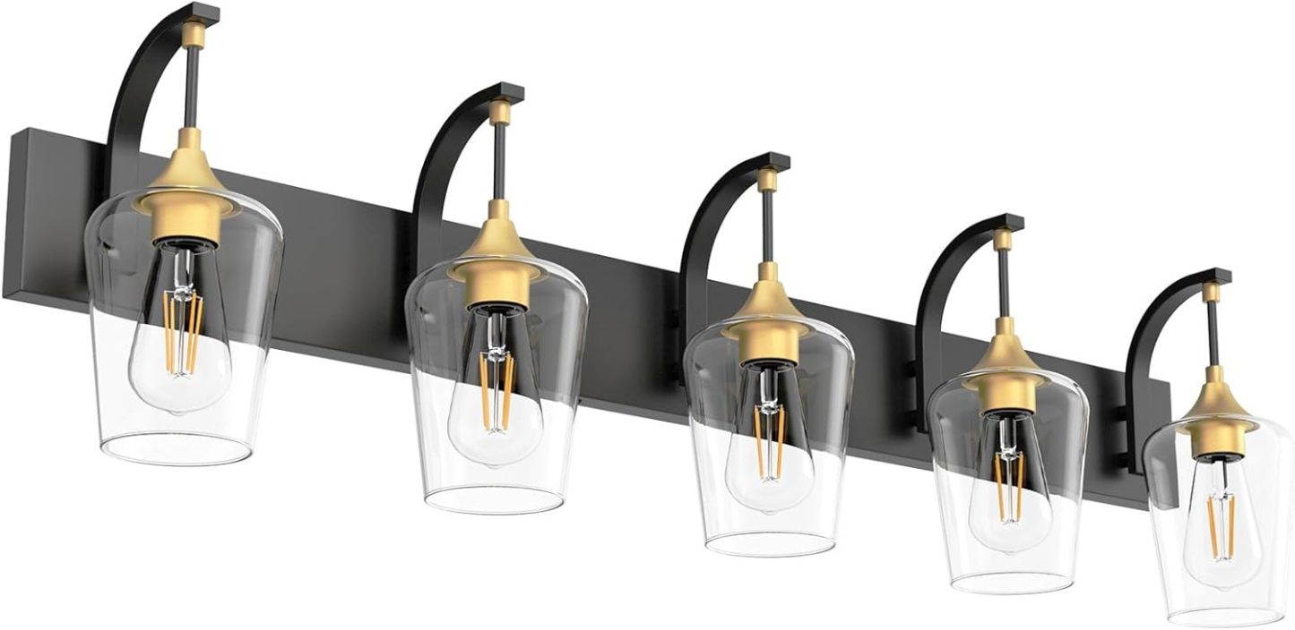 Black/Gold Bathroom Light Fixtures 5-Lights Industrial Black Vanity Lights Clear Glass Vintage Edison Black Wall Mount Light Fixture for Bathroom