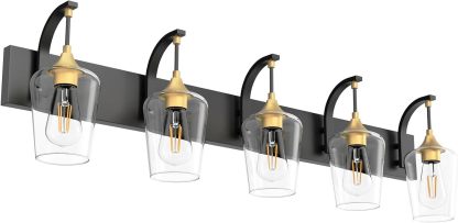 Black/Gold Bathroom Light Fixtures 5-Lights Industrial Black Vanity Lights Clear Glass Vintage Edison Black Wall Mount Light Fixture for Bathroom