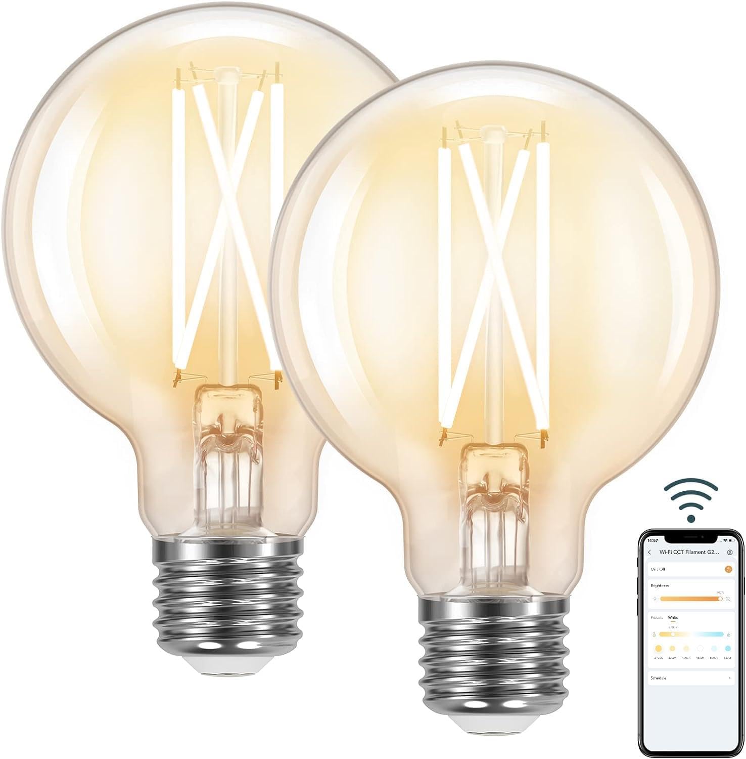 G25 Globe Smart Edison Bulbs, 2700K-6500K Tunable and Dimmable WiFi Edison Bulbs 2-Pack