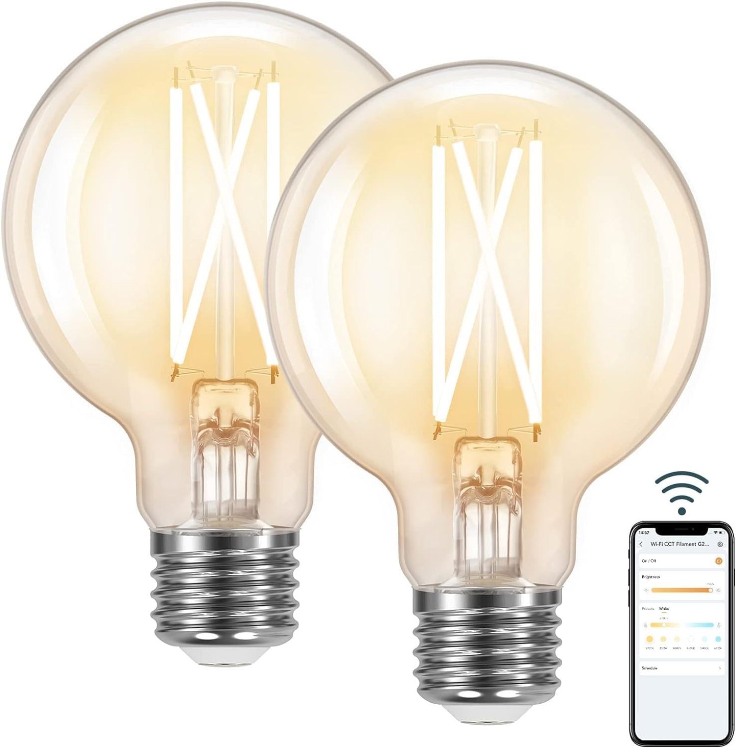 G25 Globe Smart Edison Bulbs, 2700K-6500K Tunable and Dimmable WiFi Edison Bulbs 2-Pack