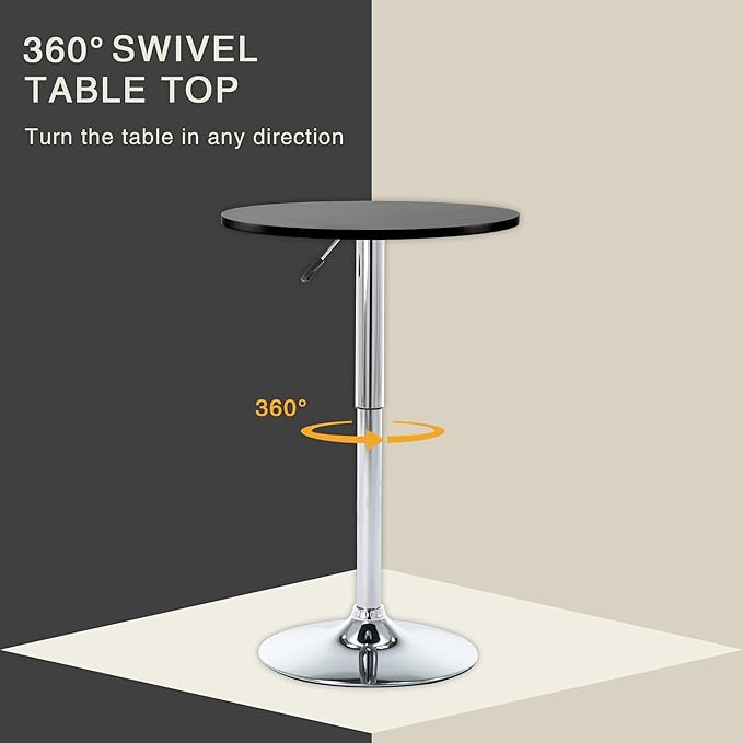 Round Pub Table, Height Adjustable Bar Table 25-35 inches, 360 Swivel Table Top, Black