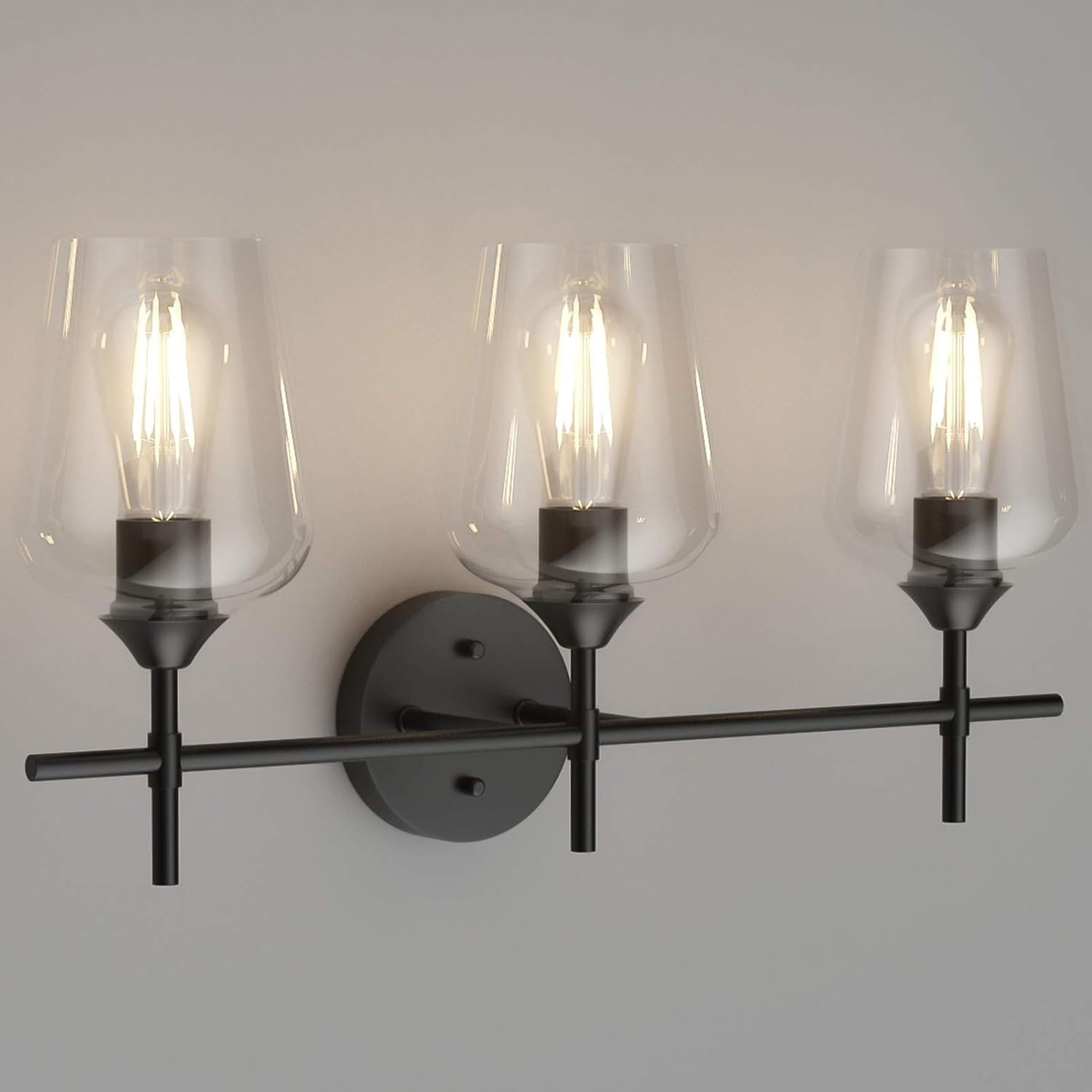Industrial Bathroom Vanity Light Fixtures 3-Lights Matte Black with Clear Glass Vintage Edison Wall Lamp Light Fixture for Bathroom