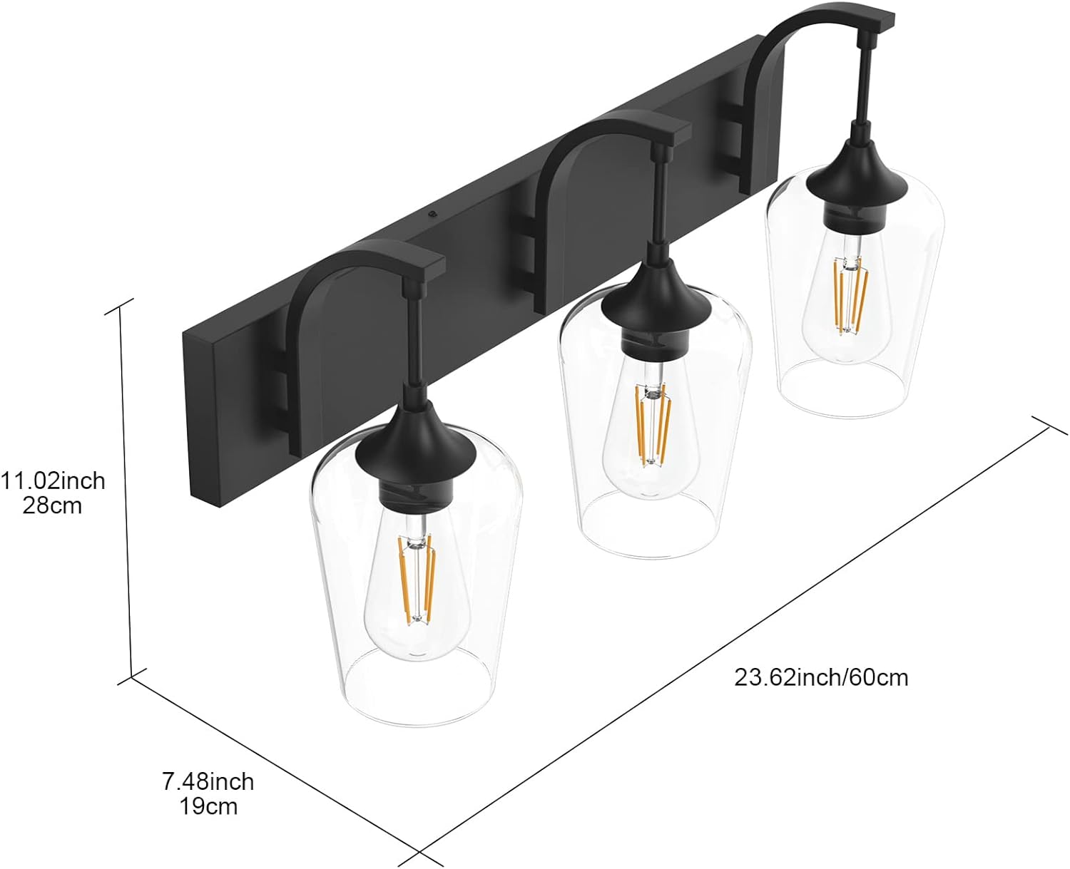 Matte Black Vanity Light Fixtures 3-Lights Industrial Black Bathroom Vanity Light with Clear Glass Vintage Edison Bathroom Wall Lighting Fixtures