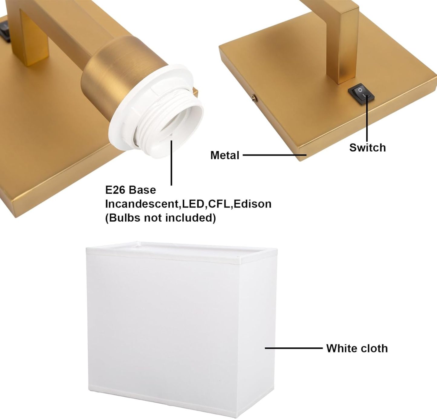 Set of 2 Indoor Vanity Wall Sconce with On Off Switch, Brass Modern Boho Vintage Industrial Light with Square Fabric Shade