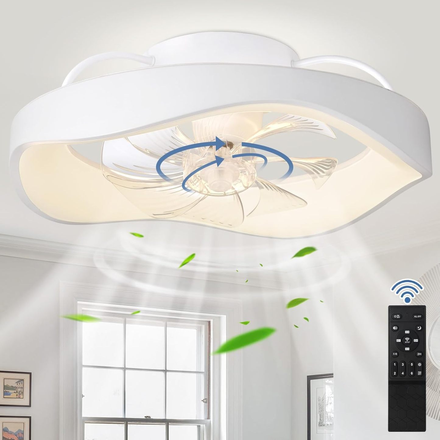 20'' Flush Mount Ceiling Fan with Led Light and Remote, Low Profile Ceiling Fan-360-Degree Oscillating, 3CCT Adjustable, LED Dimmable, 6 Speeds Timing Modern Fan