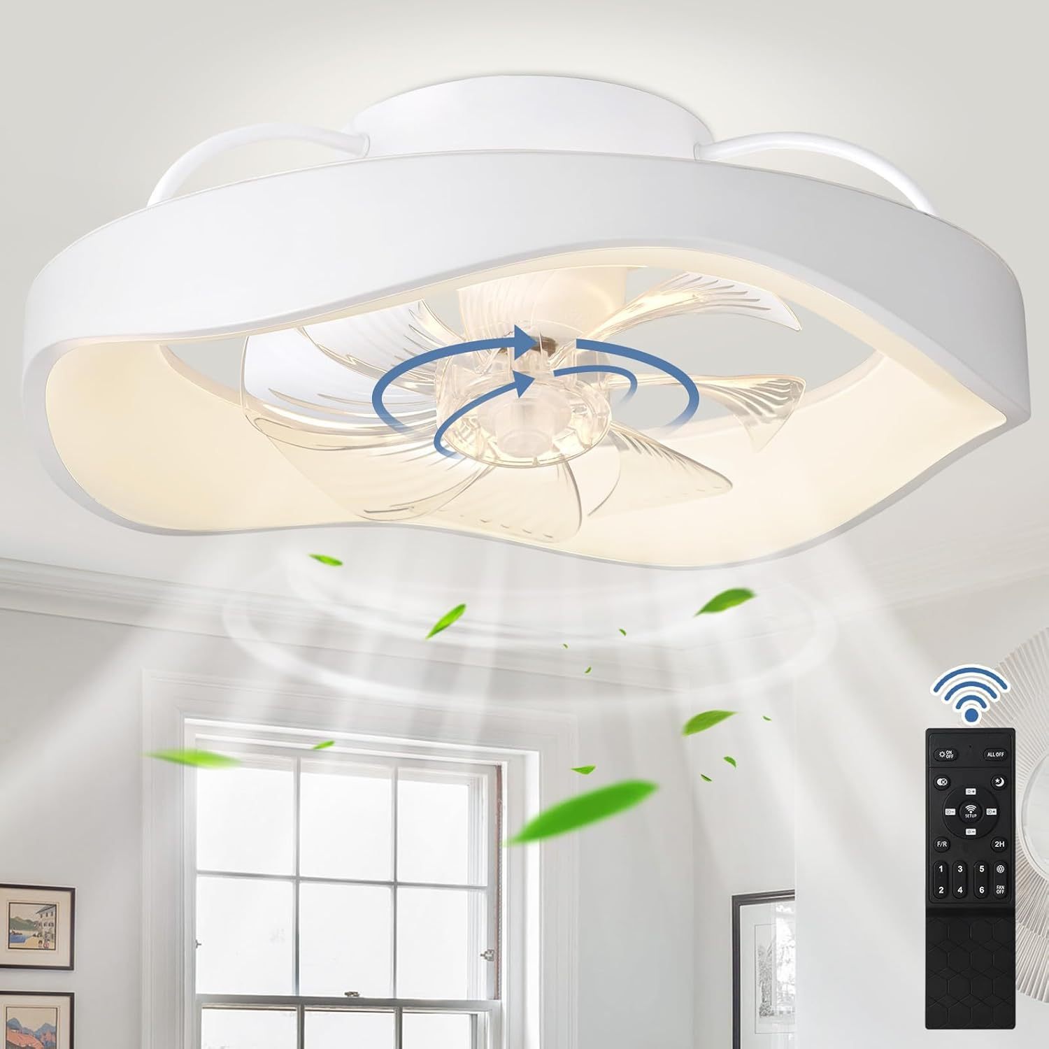 20'' Flush Mount Ceiling Fan with Led Light and Remote, Low Profile Ceiling Fan-360-Degree Oscillating, 3CCT Adjustable, LED Dimmable, 6 Speeds Timing Modern Fan