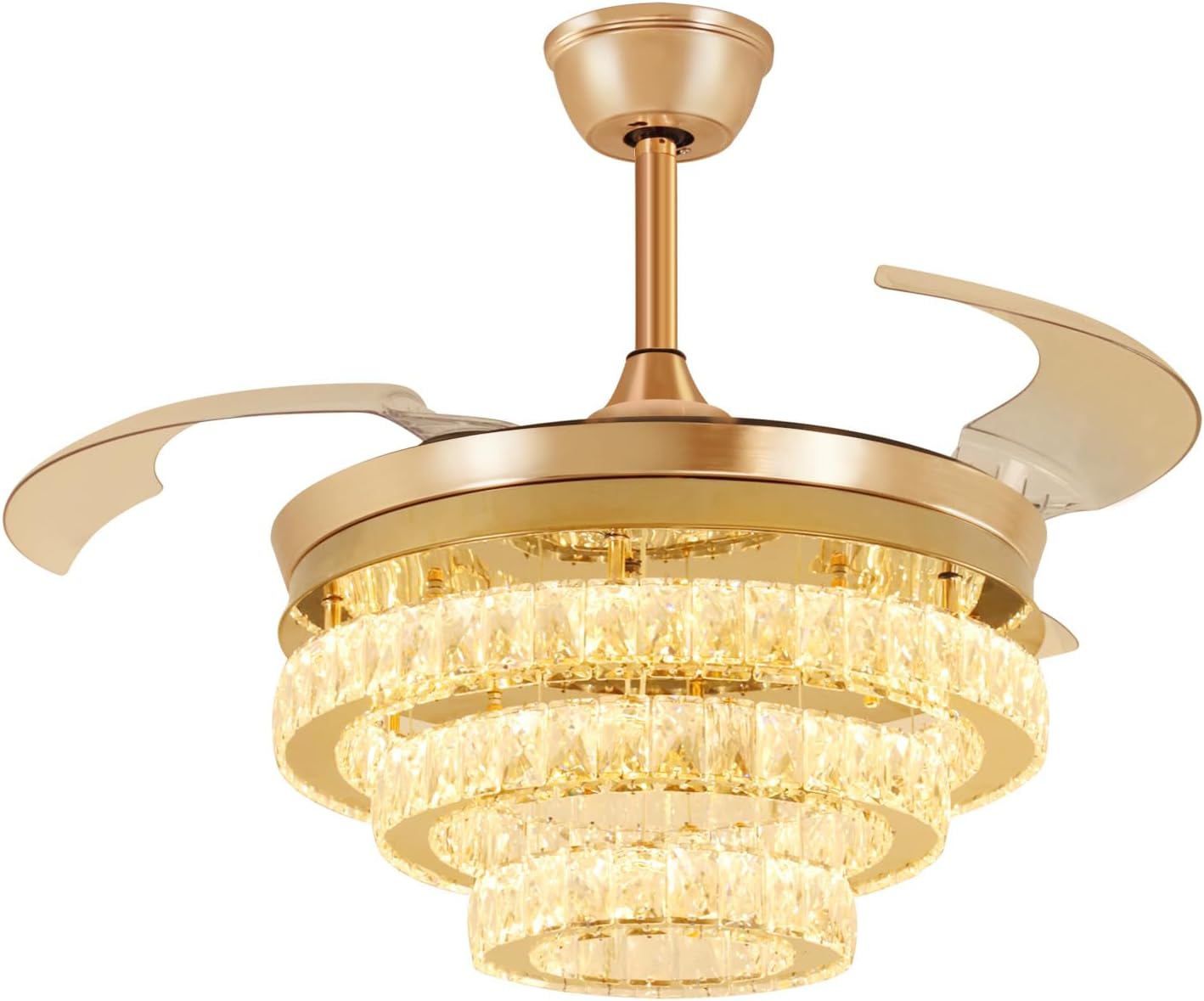 42" Modern Crystal Ceiling Fan with Lights, 3-Blade Gold Retractable Ceiling Fans Remote/APP Control, 6 Speeds Dimmable LED Fandelier