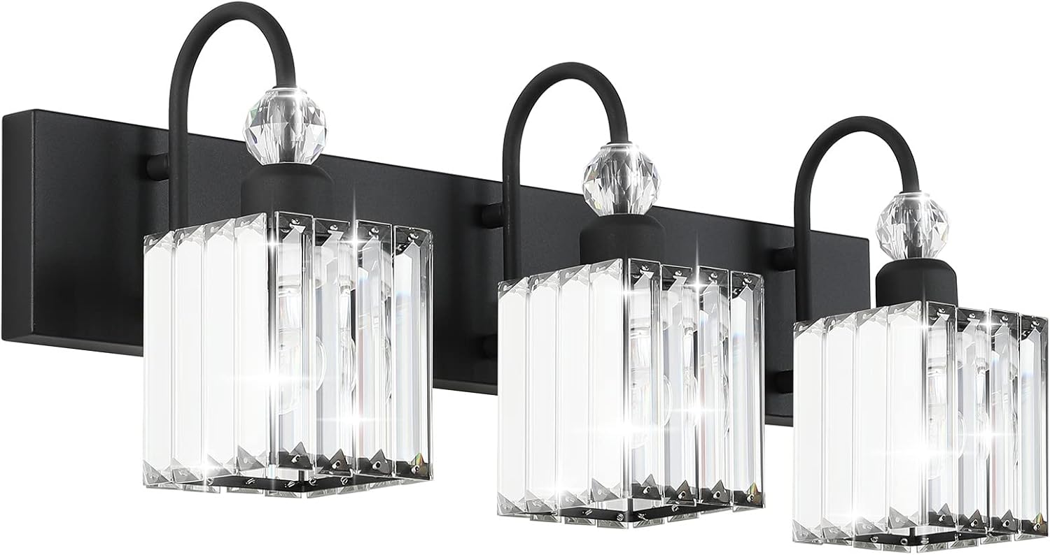 Modern Crystal Black Vanity Light 3 Light Bathroom Light Fixtures Over Mirror Matte Black Crystal Bathroom Wall Lighting