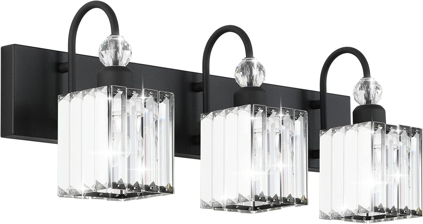 Modern Crystal Black Vanity Light 3 Light Bathroom Light Fixtures Over Mirror Matte Black Crystal Bathroom Wall Lighting