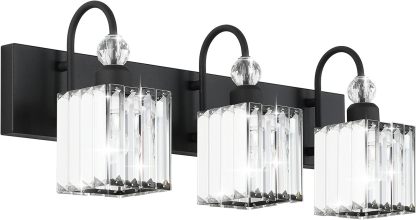 Modern Crystal Black Vanity Light 3 Light Bathroom Light Fixtures Over Mirror Matte Black Crystal Bathroom Wall Lighting