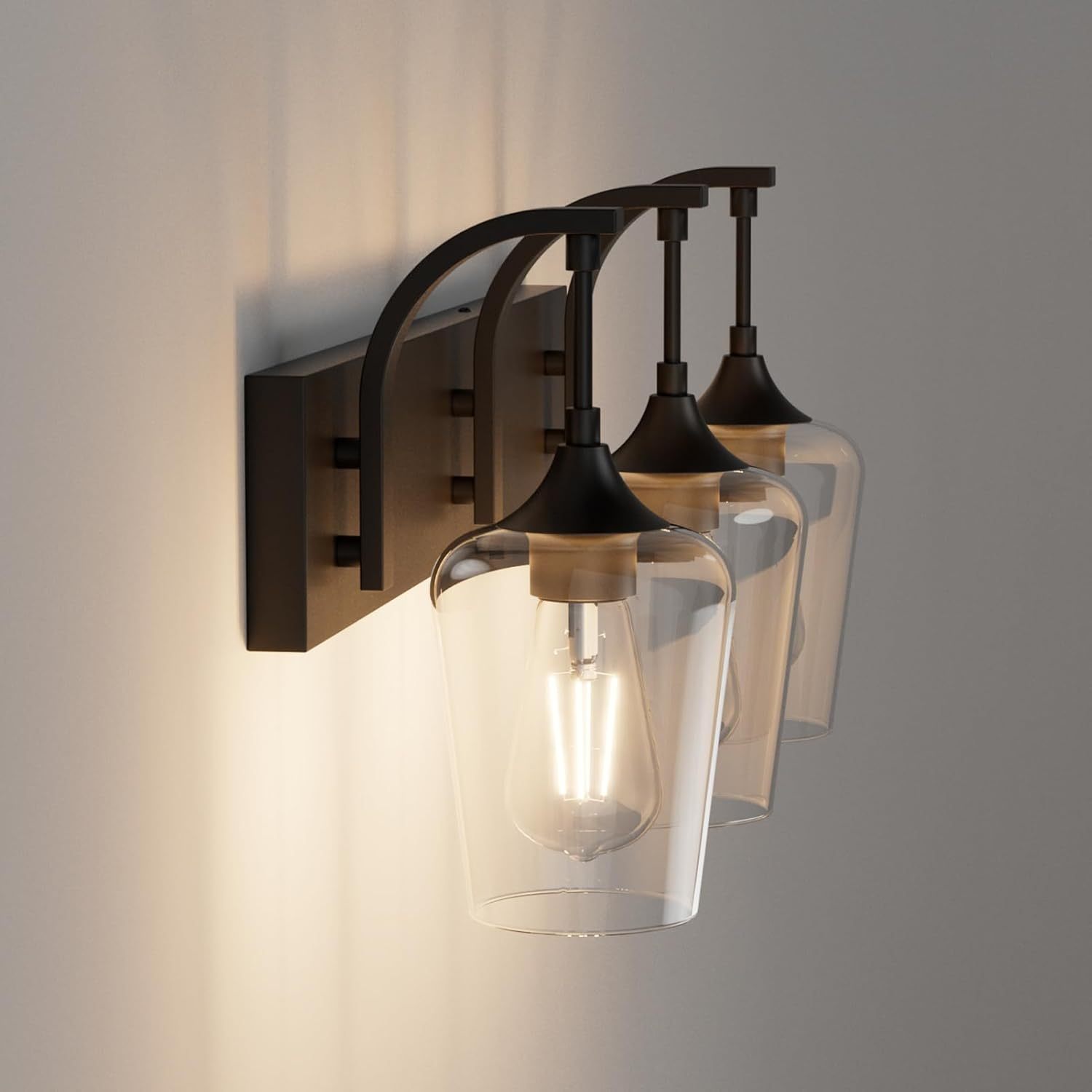 Matte Black Vanity Light Fixtures 3-Lights Industrial Black Bathroom Vanity Light with Clear Glass Vintage Edison Bathroom Wall Lighting Fixtures